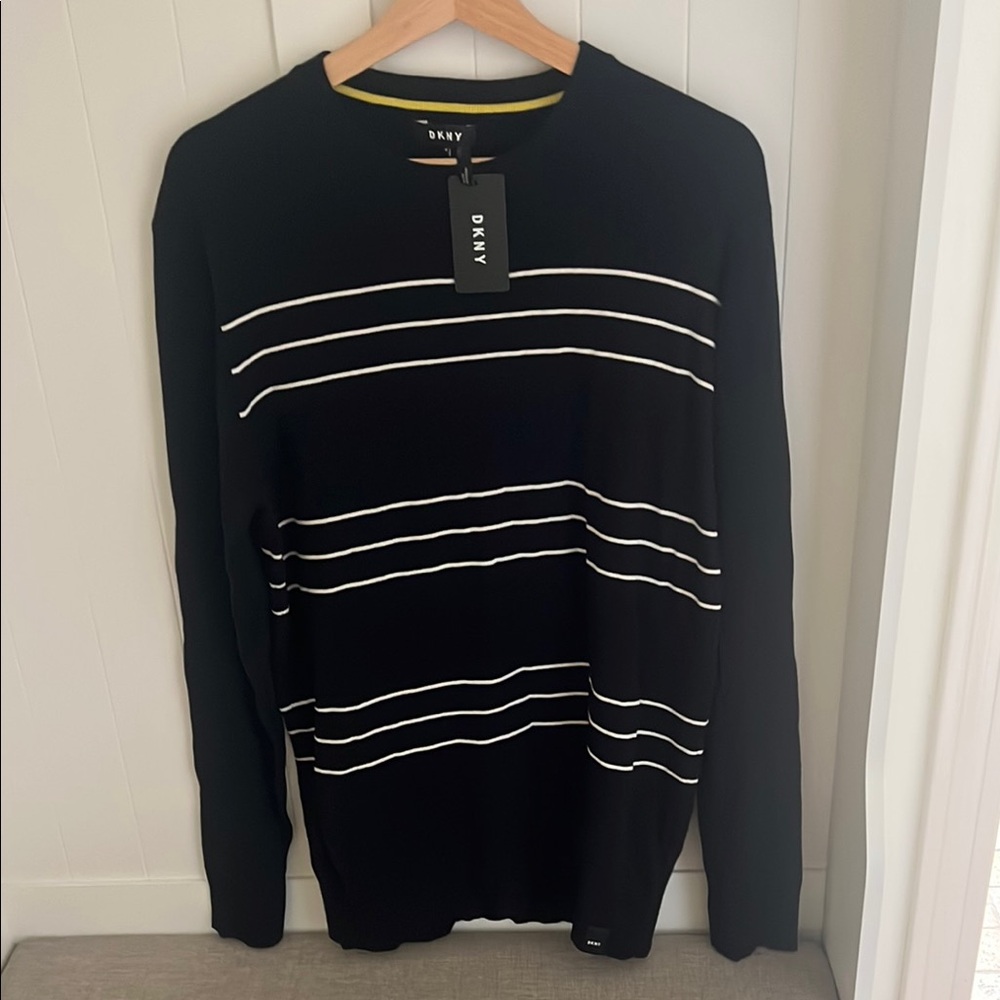 DKNY Black and White Crewneck Sweater with Stripes